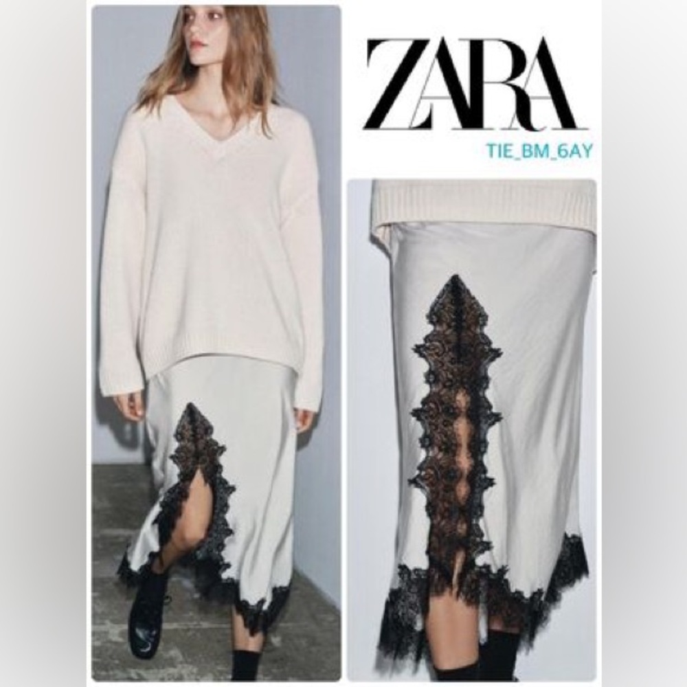 Zara Cream Midi Skirt with Black Lace Insert